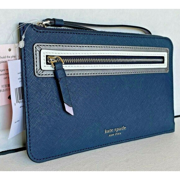New Kate Spade Medium L-zip Reiley Shadow Anchor Wristlet Leather Petrol Blue - Picture 1 of 5